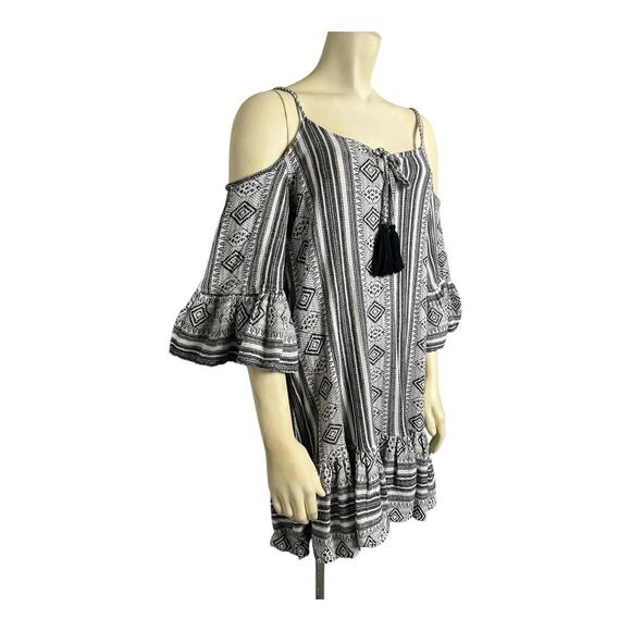 Elan Geo Tassel Cold Shoulder Mini Sundress Black/White Womens L Boho Swim Beach - Picture 2 of 6